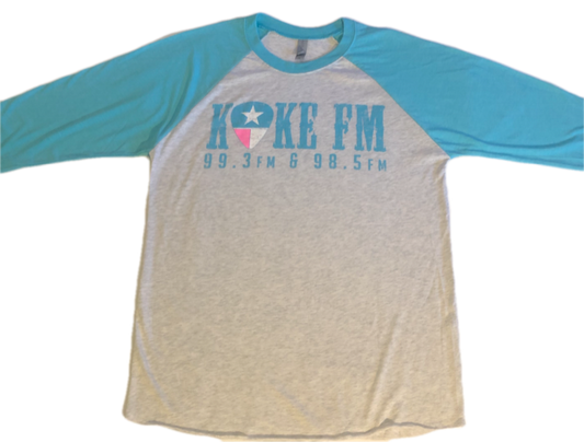 KOKE-FM Baseball 3/4 Sleeve Shirt - Aqua and Light Gray