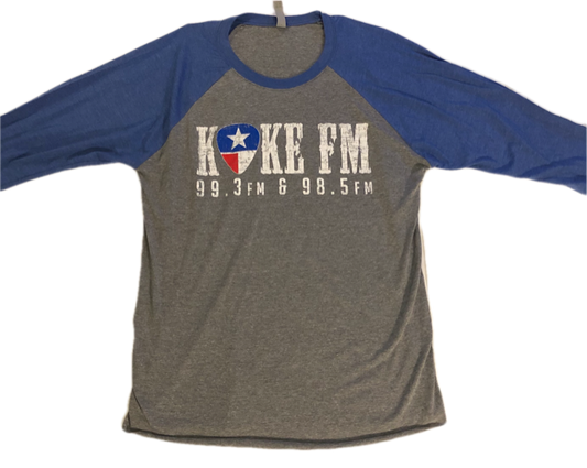 KOKE-FM Baseball 3/4 Sleeve Shirt - Blue and Dark Gray